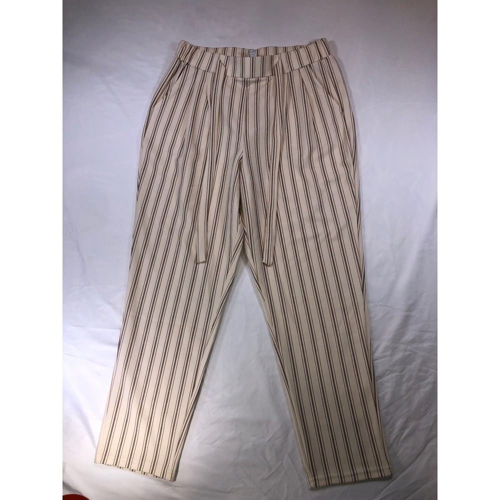 Belldini Womens XL Cream Striped Pleated Tapered Pants with Tie Waist Belt